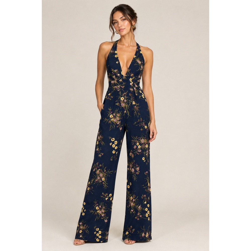 Reformation Sofi Jumpsuit 6 Navy Floral Wide Leg Halter Open Back Party Wedding